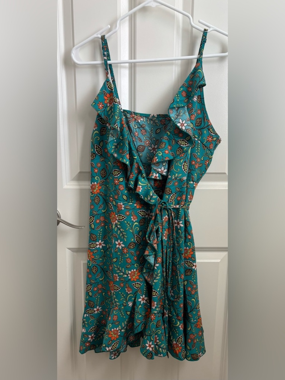 SHEIN Teal Floral Wrap Dress with Ruffle Edge